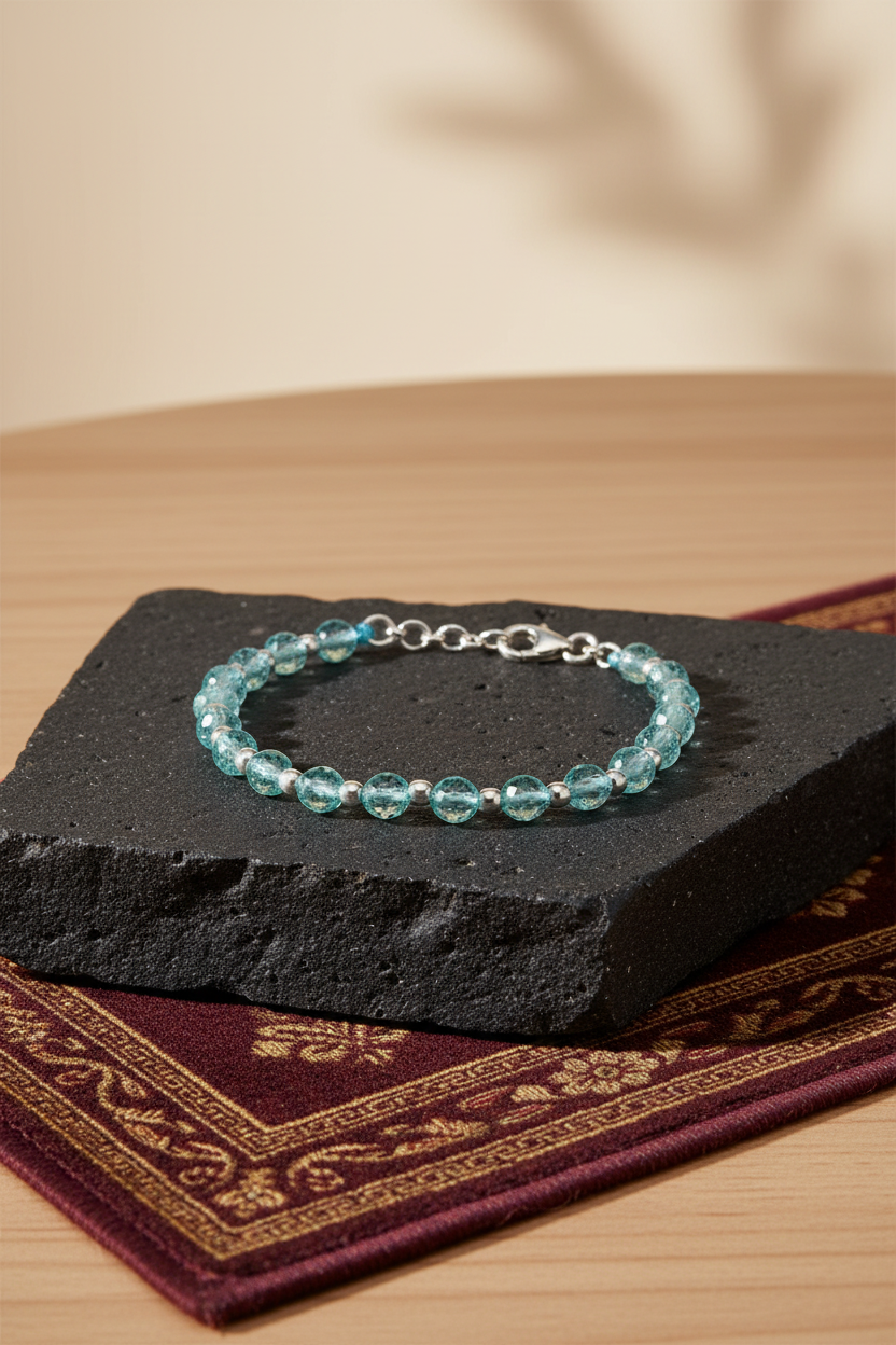 Natural Aquamarine Faceted Beads Bracelet with 925 Silver Balls – 8mm Healing Gemstone Bracelet