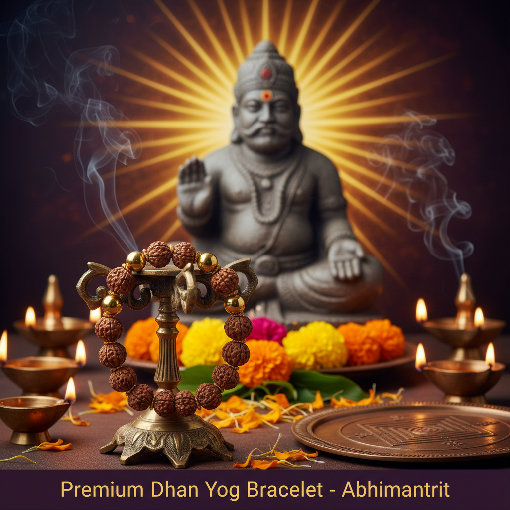 Square image of  Puja with specific Lord visuals glowing in the background, Dhan Yog Bracelet - Abhimantrit ,  traditional setup, spiritual atmosphere, high-quality.