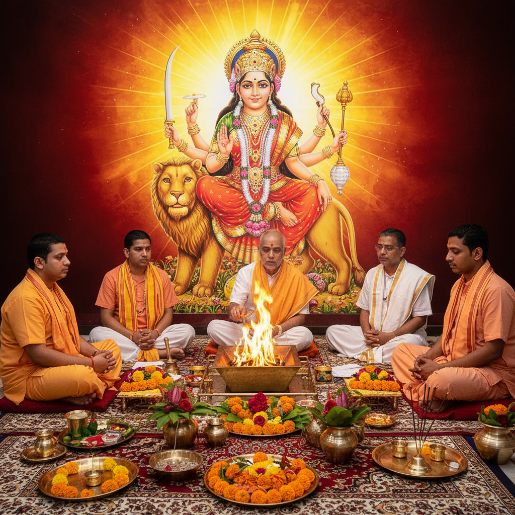 Sri Bhagwati Durga Sahastra Namavali at Vindhyavasini Devi Temple, Square image of  Puja with specific Lord visuals glowing in the background, 4–6 pandits sitting and performing pooja around a havan kund, traditional setup, spiritual atmosphere, high-quality.