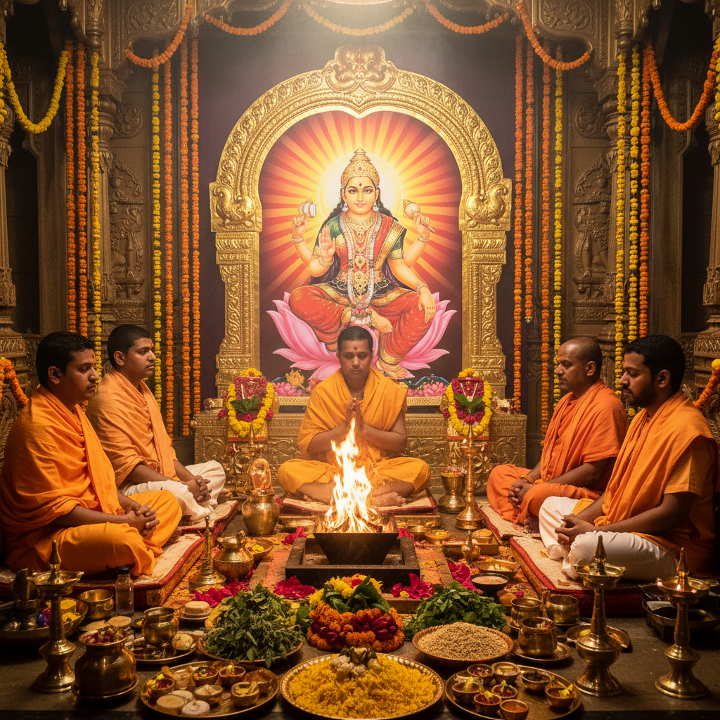 Sri Sri Bagalamukhi Devi Puja for Mangala (Mars) Graha Dosha Nivarana at Maha Shakti Peetha Kamarupa-125000 Japa, Square image of  Puja with specific Lord visuals glowing in the background, 4–6 pandits sitting and performing pooja around a havan kund, traditional setup, spiritual atmosphere, high-quality.