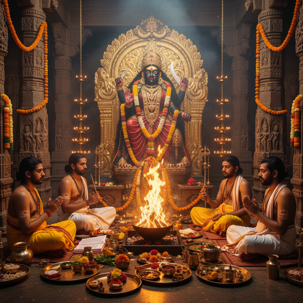 Sri Sri Kali Devi Puja for Shani (Saturn) Graha Dosha at Maha Shakti Peetha Kamarupa-125000 Japa, Square image of  Puja with specific Lord visuals glowing in the background, 4–6 pandits sitting and performing pooja around a havan kund, traditional setup, spiritual atmosphere, high-quality.