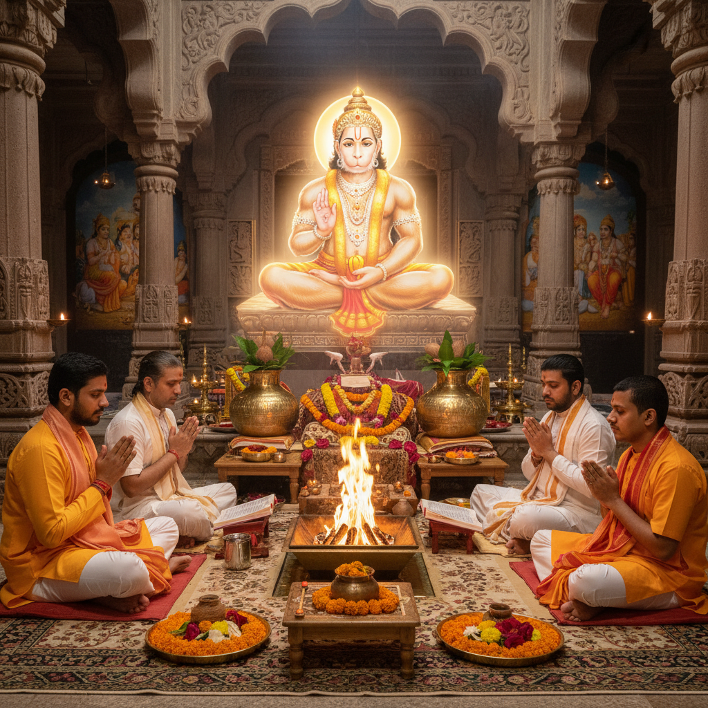 Sundarkand at Sitaram das temple, Square image of  Puja with specific Lord visuals glowing in the background, 4–6 pandits sitting and performing pooja around a havan kund, traditional setup, spiritual atmosphere, high-quality.