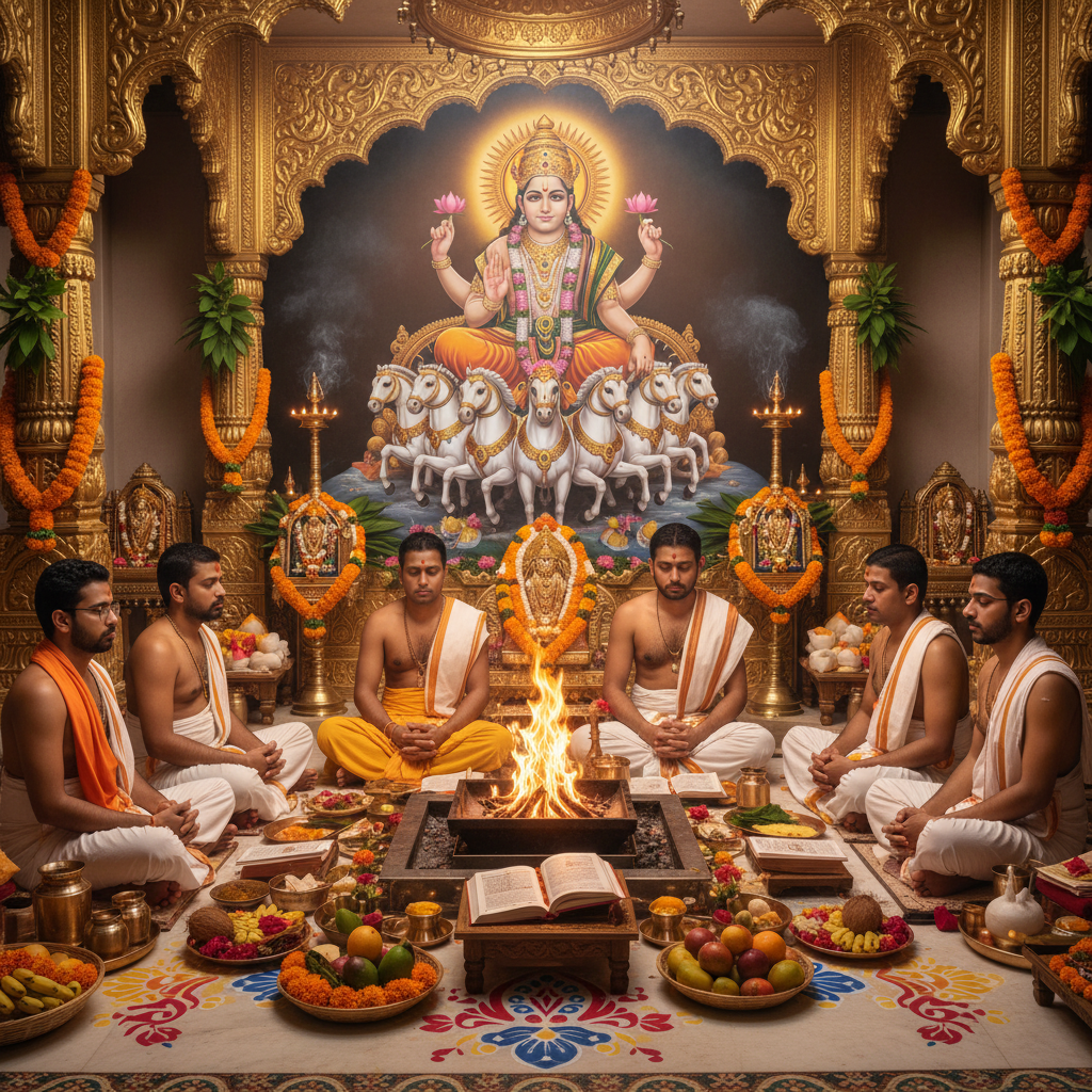 Surya Sun Grah Puja Mantra Japa and Yagna, Square image of  Puja with specific Lord visuals glowing in the background, 4–6 pandits sitting and performing pooja around a havan kund, traditional setup, spiritual atmosphere, high-quality.