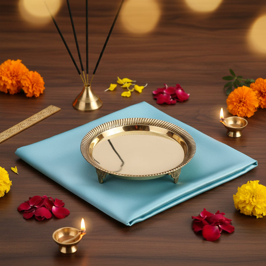 Round Pedestal Thali In Brass-Small