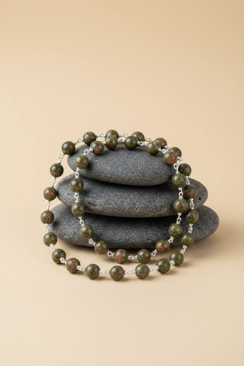 Natural Unakite 925 Sterling Silver Wire Wrapped Mala | 108 Beads Gemstone Mala